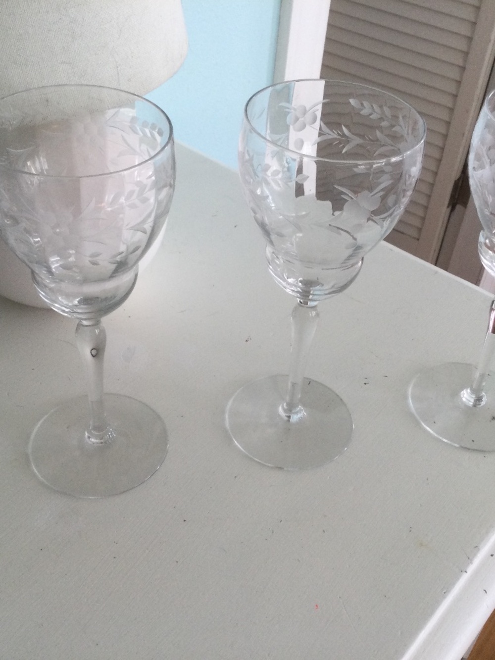 3 ea Crystal Etched Wine Glasses